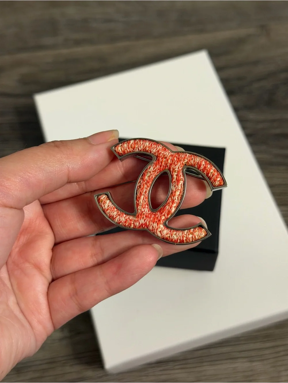 CHANEL Coral Tweed CC Statement Brooch